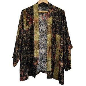 Citron Black Silk Floral Kimono Jacket Bead Detail Bohemian Artsy Size 1X